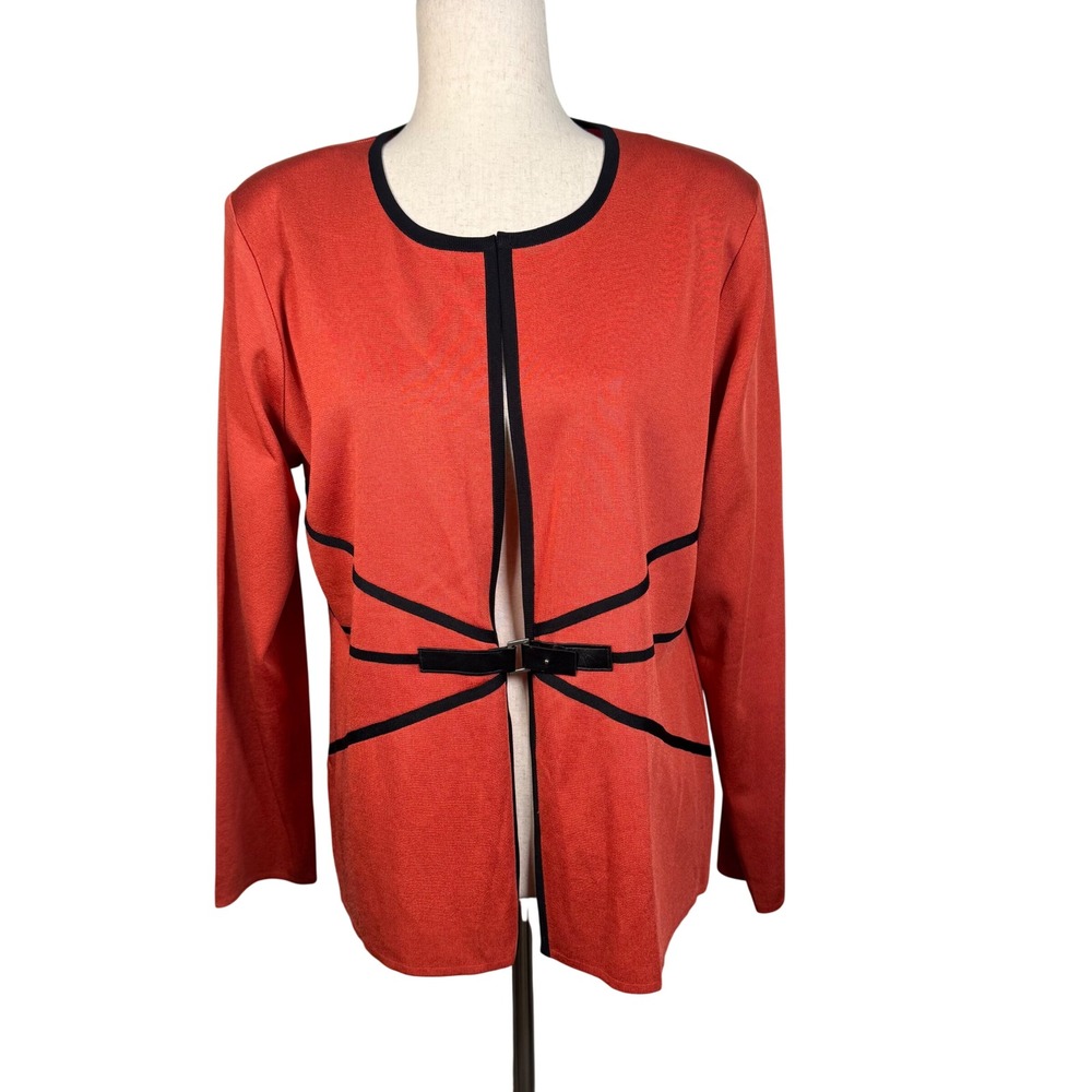Misook Knit Cardigan Jacket Womens Large Red Black Acrylic Classic Buckle Office